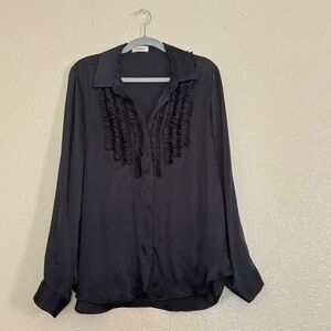 L’agence Black Ruffle Bib 100% Silk Blouse